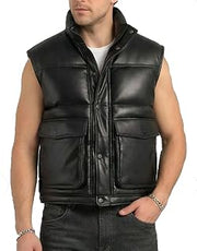 Black Fitted Lambskin Leather Puffer Vest