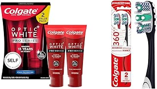 Colgate Optic White Pro Series Whitening Toothpaste with 5% Hydrogen Peroxide & 360 Optic White Advanced Toothbrush, Medium Toothbrush for Adults,2 Count (Pack of 1)