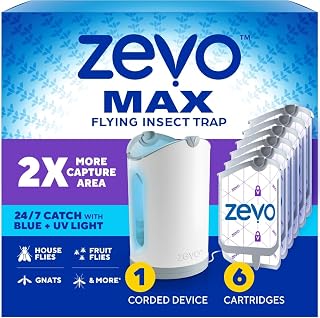 MAX Bug Catcher, Gnat & Fruit Fly Trap Indoors, 1 Base & 6 Refills | 360° Blue + UV Light Trap for Large Rooms, Fits 2x Fruit Flies & Gnats Than Original Zevo Trap, Indoor Odor-Free Fly Control
