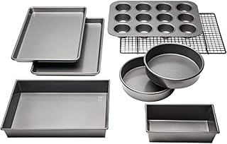 Chicago Metallic Professional Non-Stick 8-Piece Bakeware Set, Silver | Heavy-Duty Carbon Steel Baking Pans, Muffin Pan, Loaf Pan, Round Cake Pans, Baking Sheets and Cooling Rack