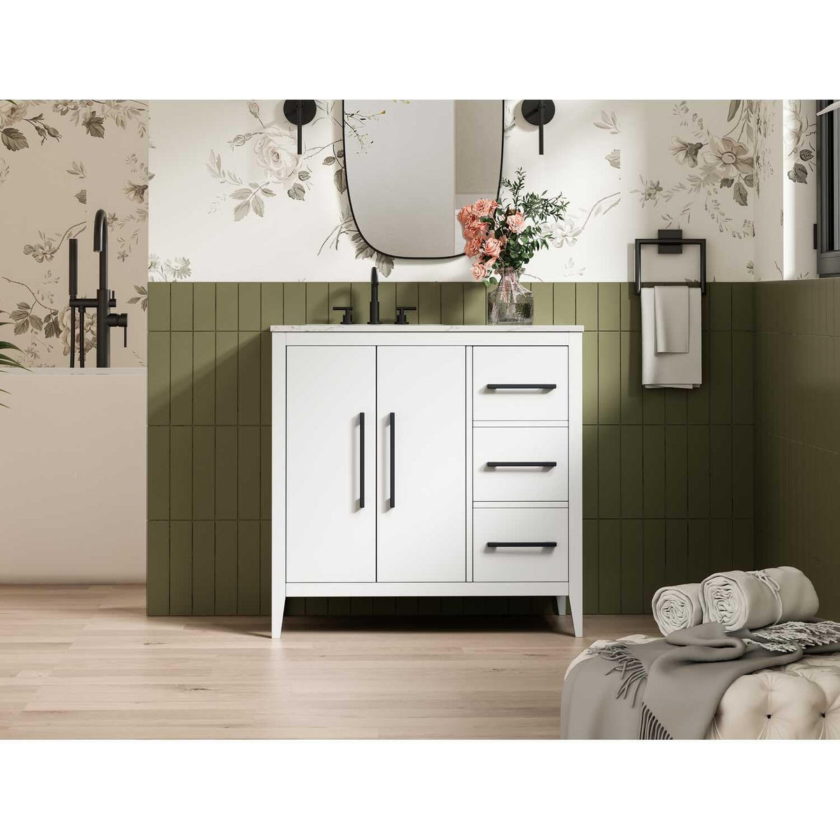 White Millie Bathroom Vanity by by Elegant Lighting – Solid wood and MDF, White, Model VF29336WH