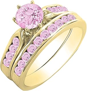 Dazzlingrock Round Pink Sapphire Channel Set Engagement Ring Set