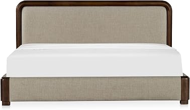 Bower Queen Bed, Linen Upholstery, Solid Acacia Frame, Brown