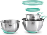 DASH Stainless Steel Mixing Bowls with Lids, Silicone Non-Slip Base with Measuring Lines and Strainer, 3 Bowl Set - 1.5 Quart, 3 Quart, & 5 Quart - Aqua