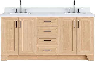 ARIEL Taylor 72-inch Bathroom Vanity with Sink,Solid Wood, 1.5-inch Pure White Quartz Countertop, Double Rectangular Porcelain Sink, Soft Closing Doors, Dovetail Drawers, Natural Oak