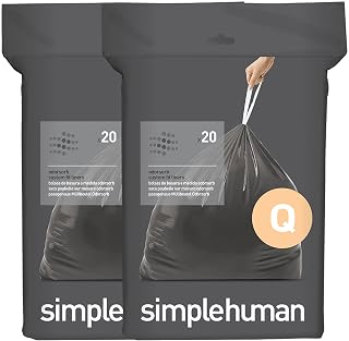 simplehuman Code Q 40 Count, Genuine Odorsorb Custom Fit Liners, Drawstring Odor Absorbing Trash Bags in Dispenser Packs, 50-65 Liter / 13-17 Gallon