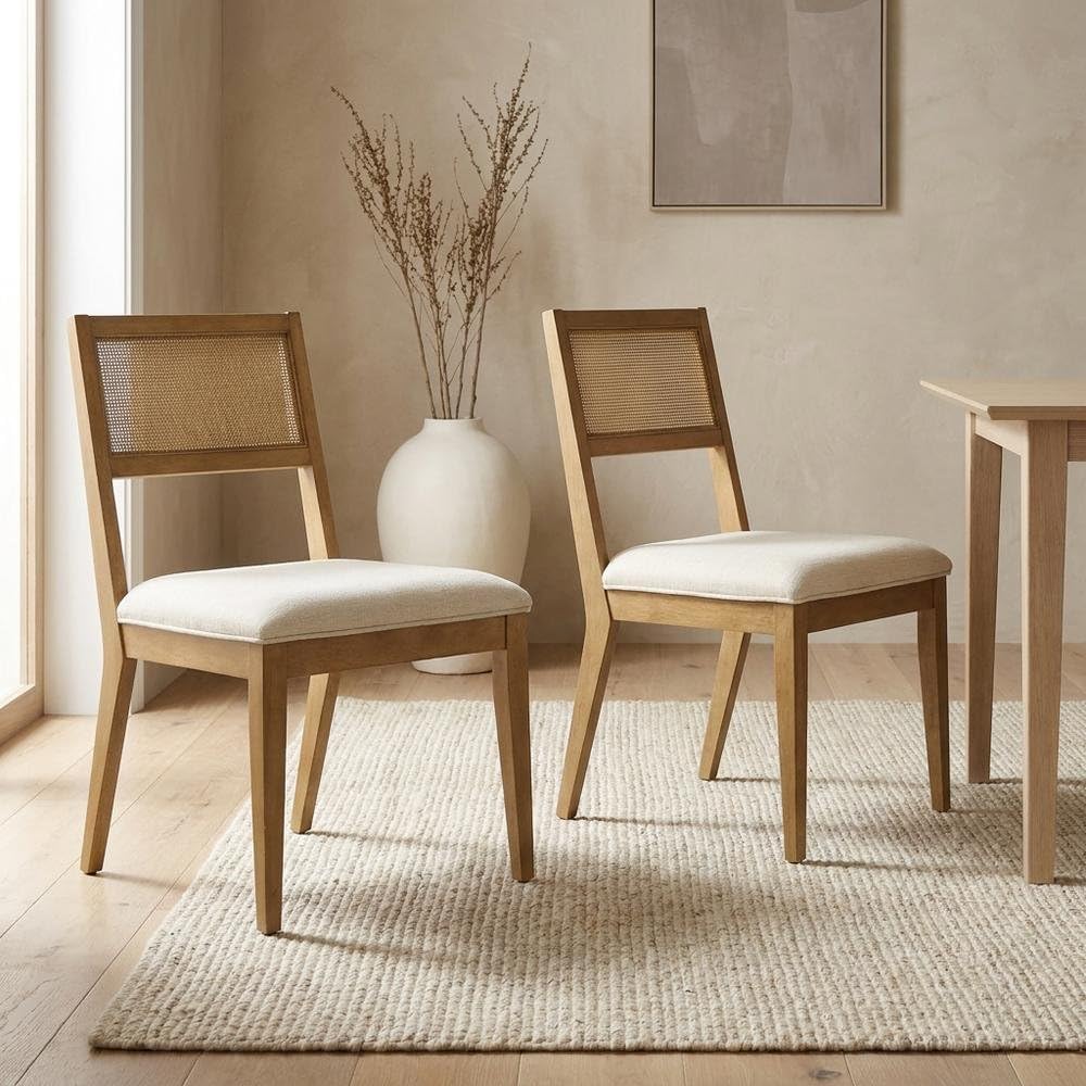 Faux Rattan Fabric-Upholstered Dining Chairs Set of by Furnifact – Polyester, Heathered Weave Ivory, Pack of 2