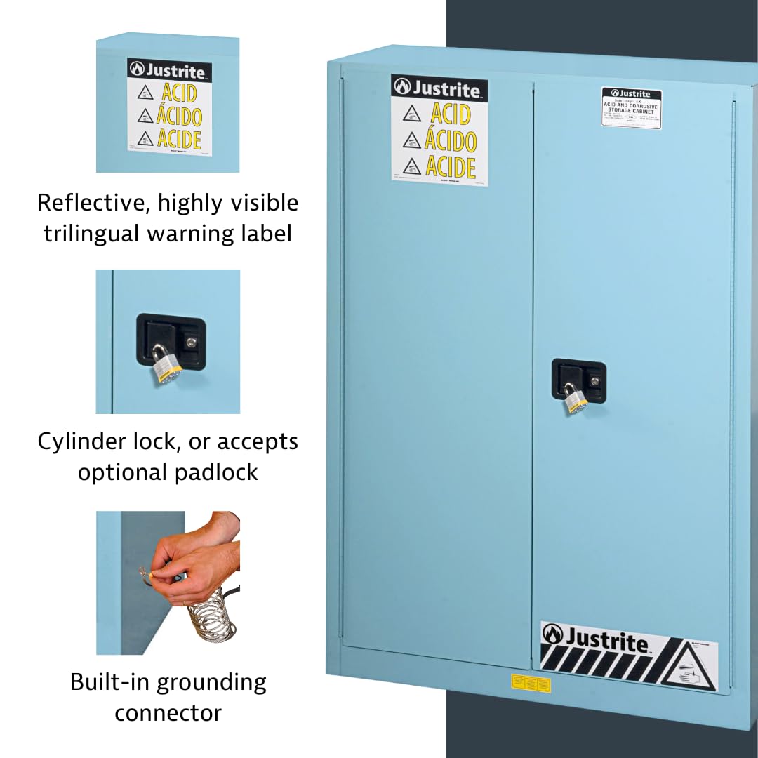 Acid Corrosive Storage Cabinet by Justrite – 45 Gallon, Galvanized Steel, Blue, Model 894502
