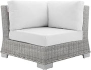Gray Outdoor Patio Wicker Rattan Corner Chair, Cushioned seat, Weather-Resistant, Compact Design, Comfortable Outdoor Lounge