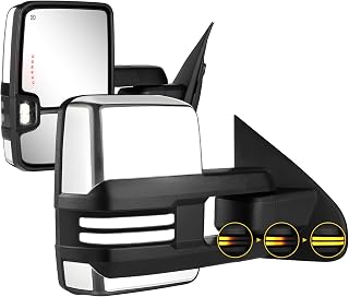 Chrome Towing Mirrors Switchback for 2014-2018 Chevy Silverado GMC Sierra | Dynamic Amber Turn Signal White Running Lights Backup Heated Temp Sensor Manual Extendable Folding Power Glass Pair Set