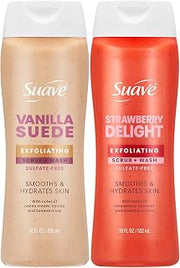 Suave Exfoliating Scrub + Wash Variety 2-Pack – Vanilla Suede & Strawberry Delight, Sulfate-Free Body Wash Set, 18 Oz Ea