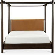 Solenis King Canopy Bed, Solid Acacia Wood, Leather Headboard, Cross Joinery, No Box Spring Needed, Brown