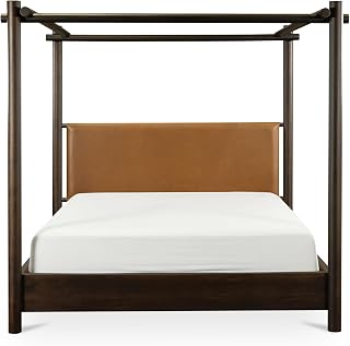 Solenis King Canopy Bed, Solid Acacia Wood, Leather Headboard, Cross Joinery, No Box Spring Needed, Brown