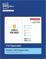 Avery UltraDuty® GHS Labels, Waterproof, 3 X 3" White Square Labels , 3000 Total, Use with Pigment Inkjet Printers