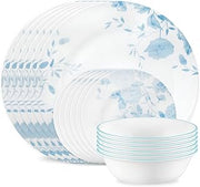 Corelle Vitrelle 18-Piece Service for 6 Dinnerware Set, Triple Layer Glass and Chip Resistant, Lightweight Round Plates and Bowls Set, Blue Bouquet