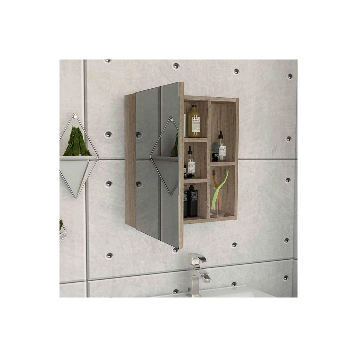 Lincoln Mirrored Medicine Cabinet with 3 Inner Shelves and 2 Open Shelves by FM FURNITURE – Engineered Wood, Light Oak, Model FM4767GLC