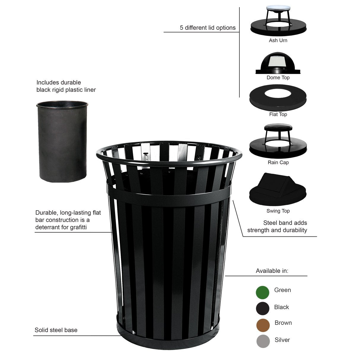 Oakley Standard Waste Receptacle by Witt Industries – Round, 36.0 gallons, Steel, Black, Model M3601-FT-BK