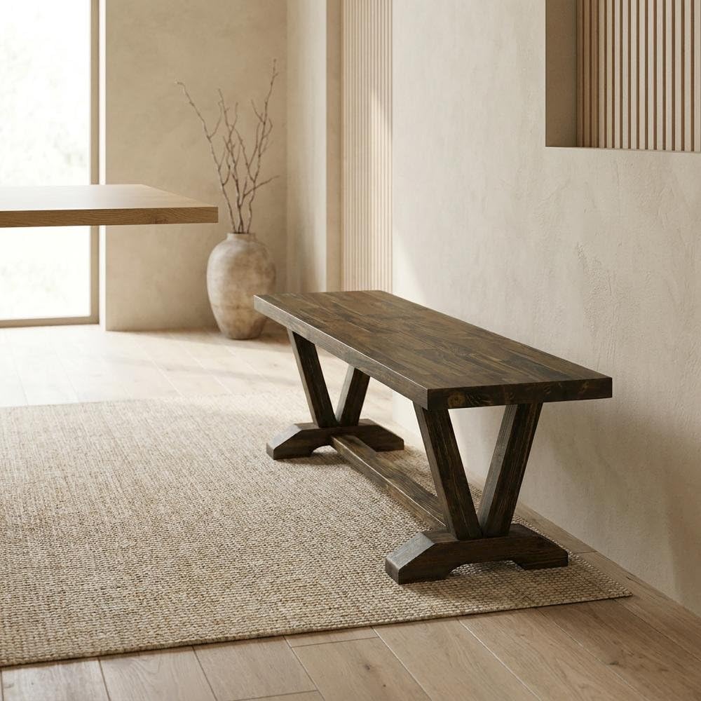 Wooden Dining Bench with V-Style Mid-Century Modern Base by Furnifact – Wood, Brown