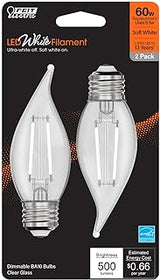 Feit Electric BPEFC60927CAWFIL/2 Soft White Flame Tip Exposed White Filament LED Bulb, 2 Bulbs per Pack; 5.5W; 60W Equivalent; E26 Base; 2700K; 90 CRI; 500 Lumen; Glass Lens; 15000 Life Hours
