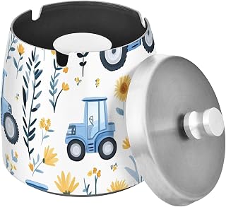 Blue Tractor Sunflower Pattern Splash Ashtray with Lid, Outdoor Ashtrays for Patio