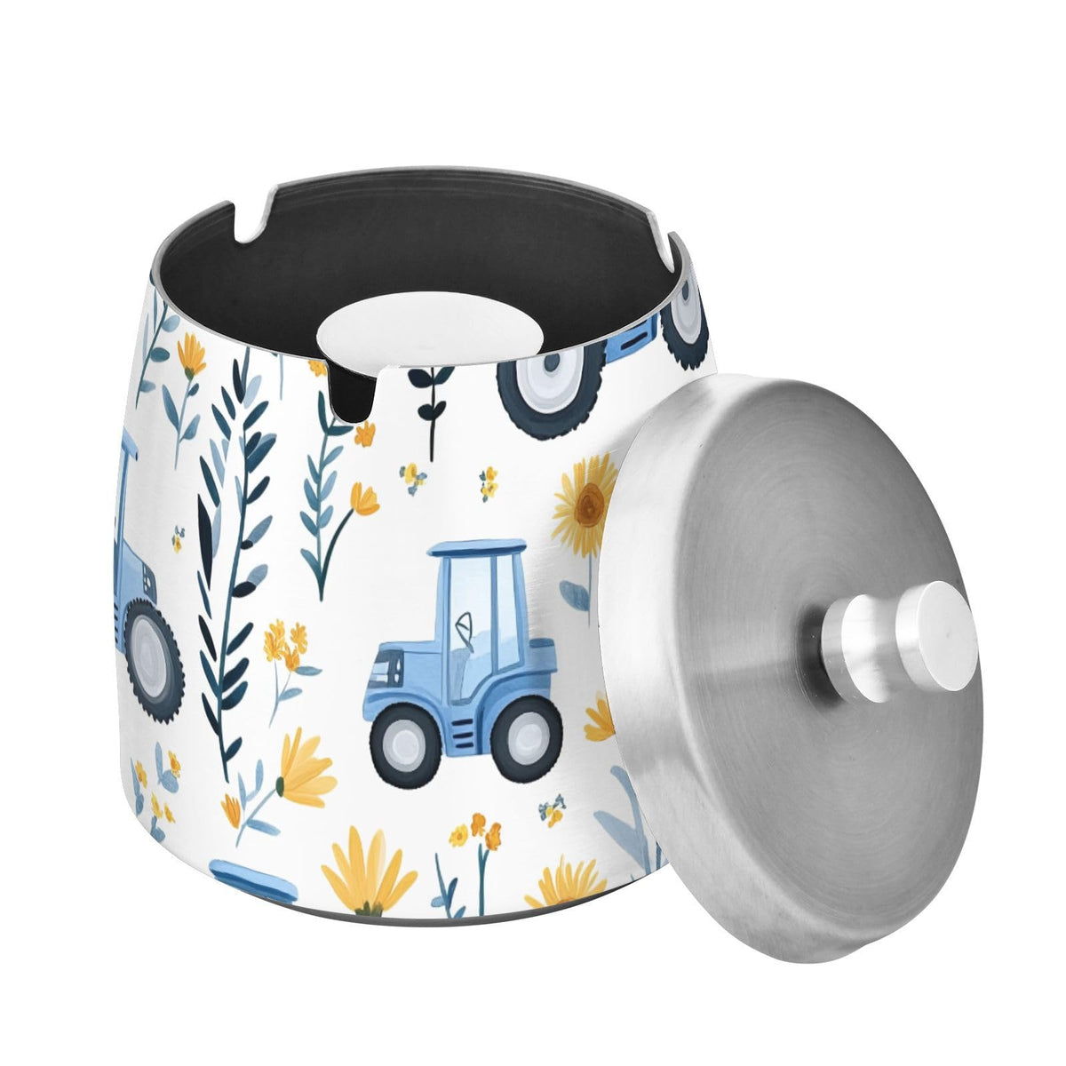 Blue Tractor Sunflower Pattern Splash Ashtray with Lid by ALAZA – Stainless Steel, C4736, Model g541054987p1082c1149s2657