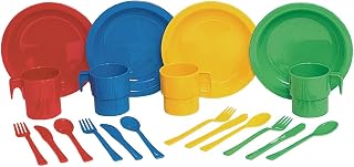 Constructive Playthings 20 pc. Indestructible Play Dishes Service for 4 Includes Place Settings of Cups, 6 1/2" diam. Plates and Silverware Each in 4 Colors for Ages 19 Months and Up