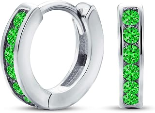 Birthstone Colors CZ Channel Set Huggie Mini Hoop Earrings Sterling Silver