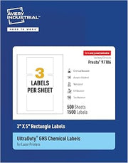 Avery UltraDuty® GHS Labels, Waterproof, 3 X 5" White Rectangle Labels , 1500 Total, Use with Laser Printers
