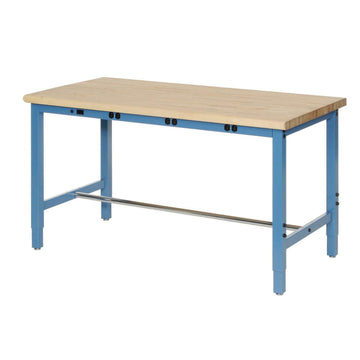 72" W x 36" D Adjustable Height Workbench by Global Industrial – 36"L x 72"W x 5"H, Maple,Steel, Blue, Model 607262BBLA
