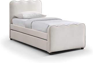 Meridian Furniture GatsbyCream-T Collection Modern | Contemporary Twin Trundle Bed with Soft Mohair Velvet, Wood Legs, 40" W x 84" D x 45.75" H, Cream