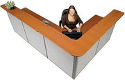 Global Industrial 116" W x 80" D x 44" H L-Shaped Reception Station, Cherry Counter/Gray Panel
