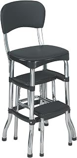 Cosco Retro Plastic & Vinyl Upholstered Stylair Retro Counter Height Chair with Step Stool, Comfortable Cushioned Seat and Back, in Black & Chrome Finish