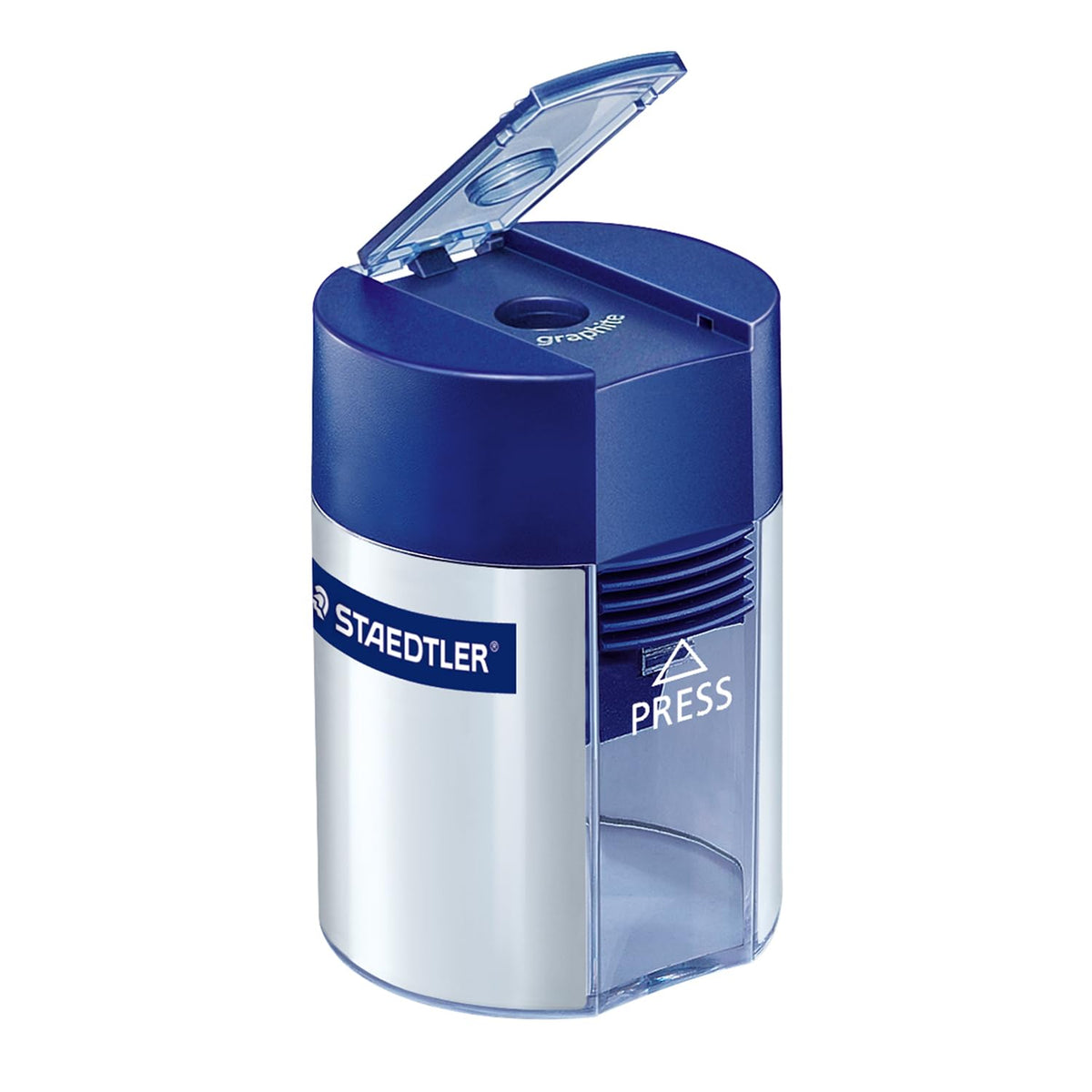 Metal Single Hole Sharpener with Tub (511001BK) by STAEDTLER – Metal, Silver/Blue, Model 511 001 BK