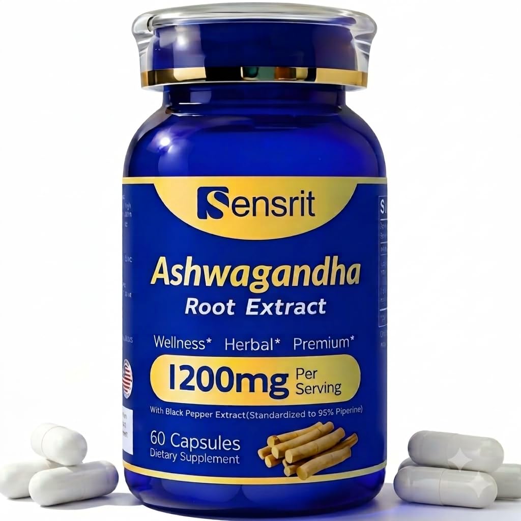 Ashwagandha 1200mg Root Extract - 60 Capsules Supplement Standardized to 5% Withanolides with Black Pepper - Daily Focus & System Balance by Sensrit – Model SR-ASH-60-V1
