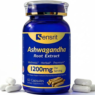 Ashwagandha 1200mg Root Extract - 60 Capsules Supplement Standardized to 5% Withanolides with Black Pepper - Daily Focus & System Balance by Sensrit – Model SR-ASH-60-V1