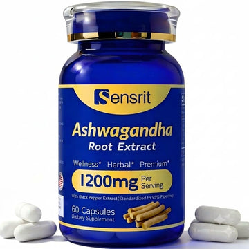 Ashwagandha 1200mg Root Extract - 60 Capsules Supplement Standardized to 5% Withanolides with Black Pepper - Daily Focus & System Balance by Sensrit – Model SR-ASH-60-V1