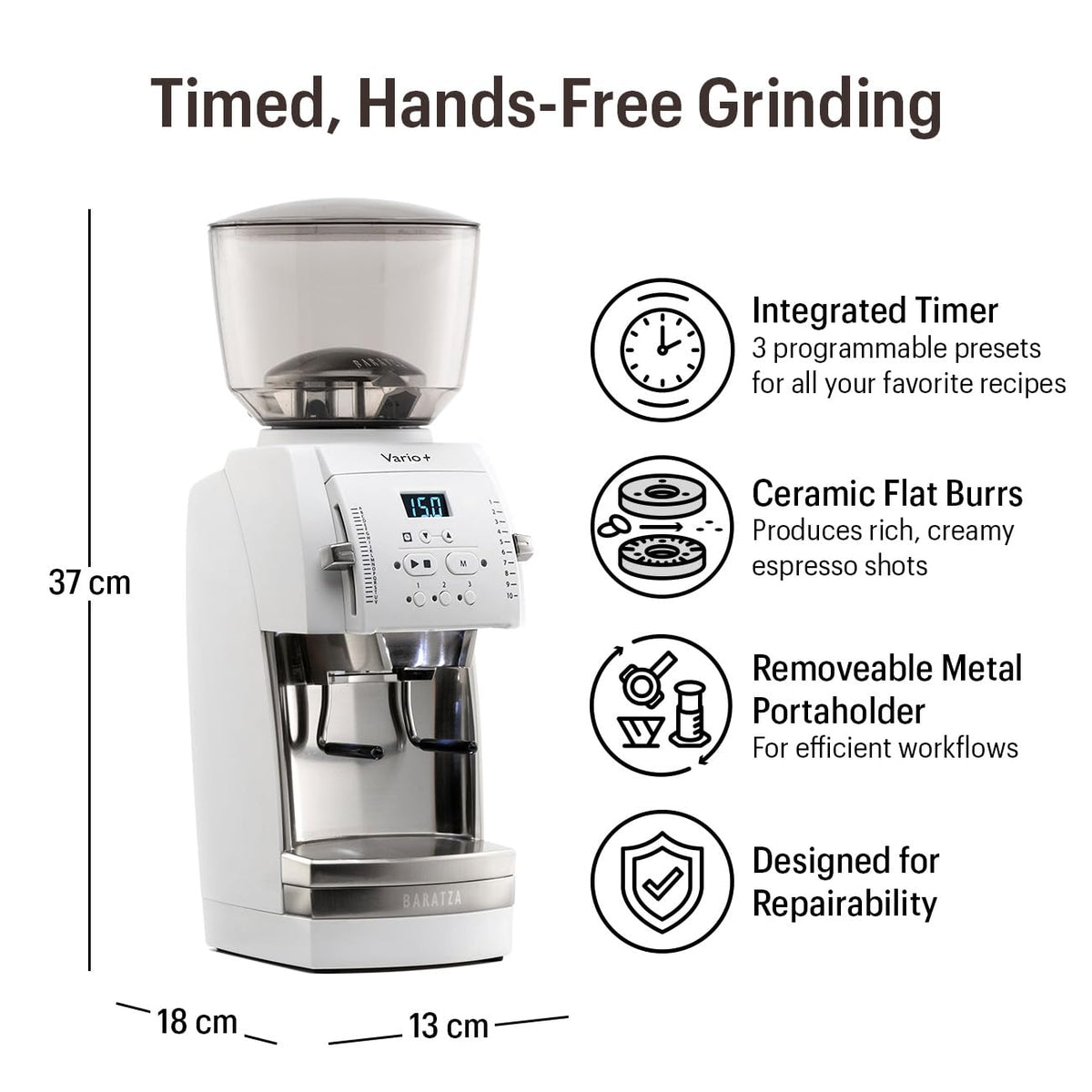 Vario+ Flat Ceramic Burr Grinder (White) by Baratza – 5.1 x 7.1 x 14.2 inches, 300.0 grams, Plastic, White, Model ZCG888WHT1BUC1A