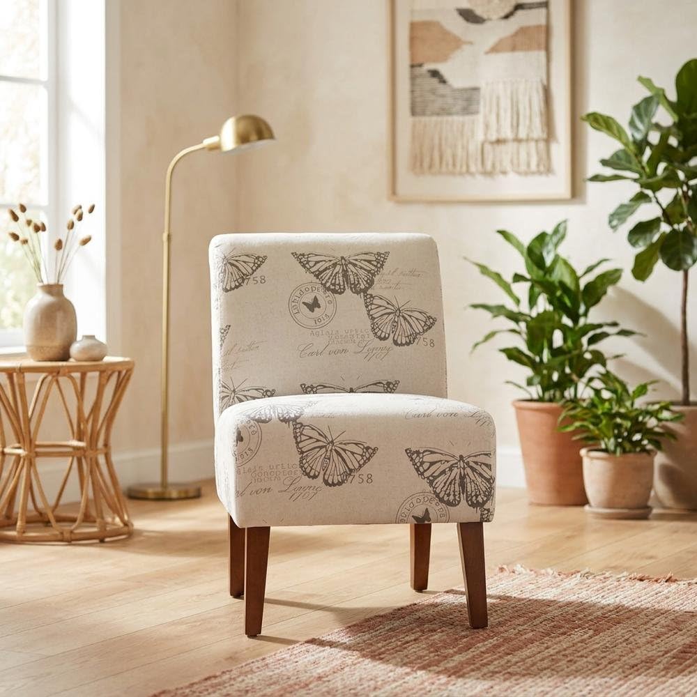 Brown Linen Butterfly Lily Chair by Furnifact – Eucalyptus Wood, Local Hardwoods, Fabric, Foam, Rubberwood,Plywood, Brown