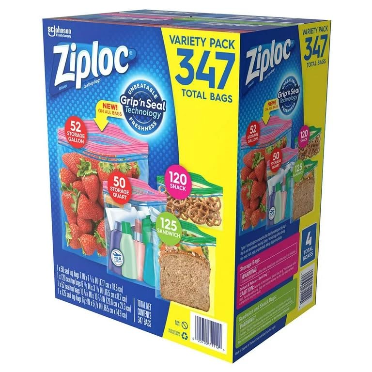 Variety Total Bags by Ziploc – 347 Piece Assortment, 52.0 gallons, Plastic, clear, Pack of 347