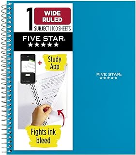 Five Star Spiral Notebook + Study App, 1 Subject, Wide Ruled Paper, 8" x 10-1/2", 100 Sheets, Fights Ink Bleed, Water Resistant Cover, Tidewater Blue (72875)