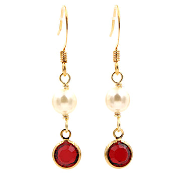 Crystal Channel Drop Dangle Earring - Siam Red Color by Martiana Jewelry – 1 inch, Crystal, Pearl, Gold Tone Ear Hook, Siam Red Color, Model MJ-E109
