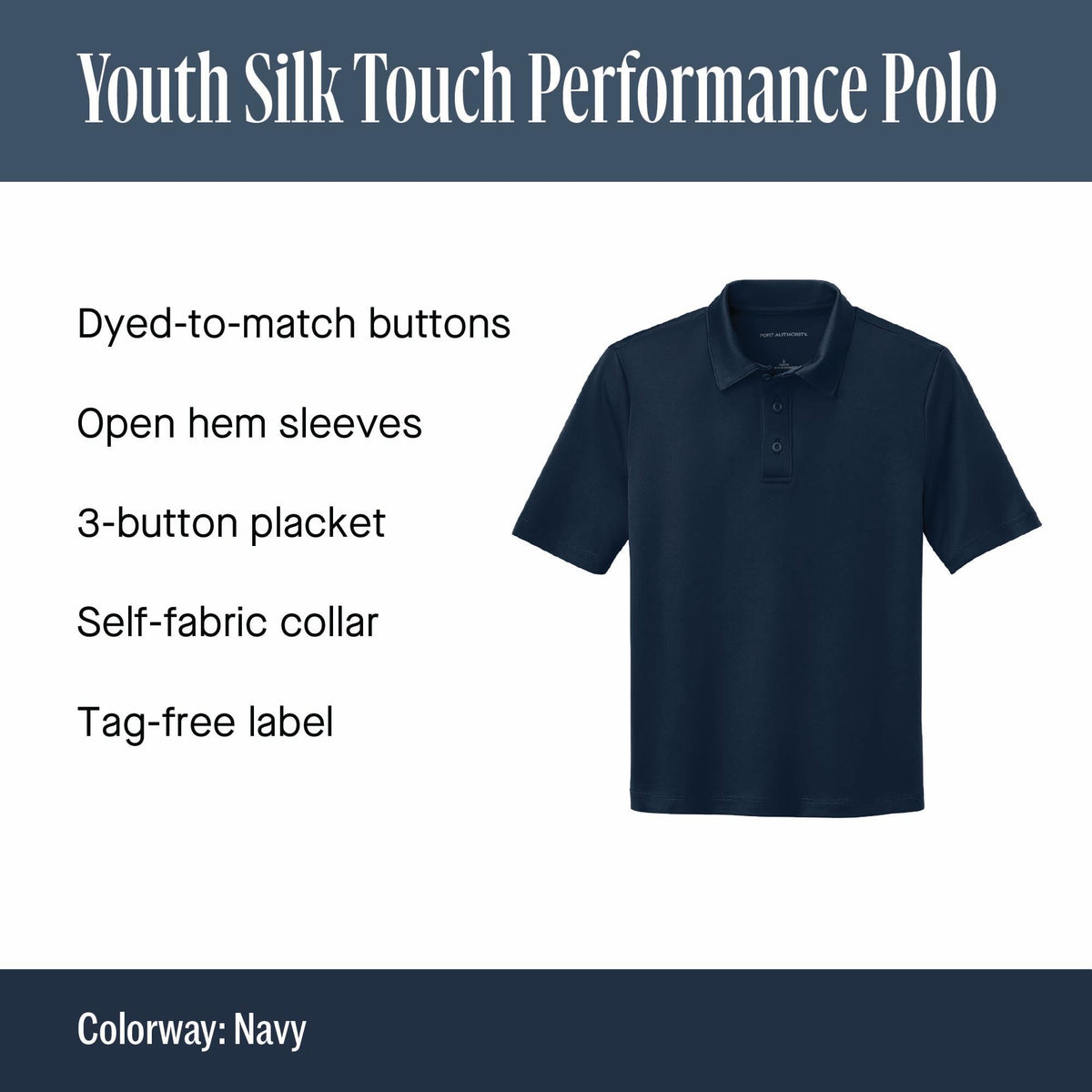 Youth Silk Touch Performance Polo Navy by Port Authority – Medium, Polyester, Navy, Model SNM-721553