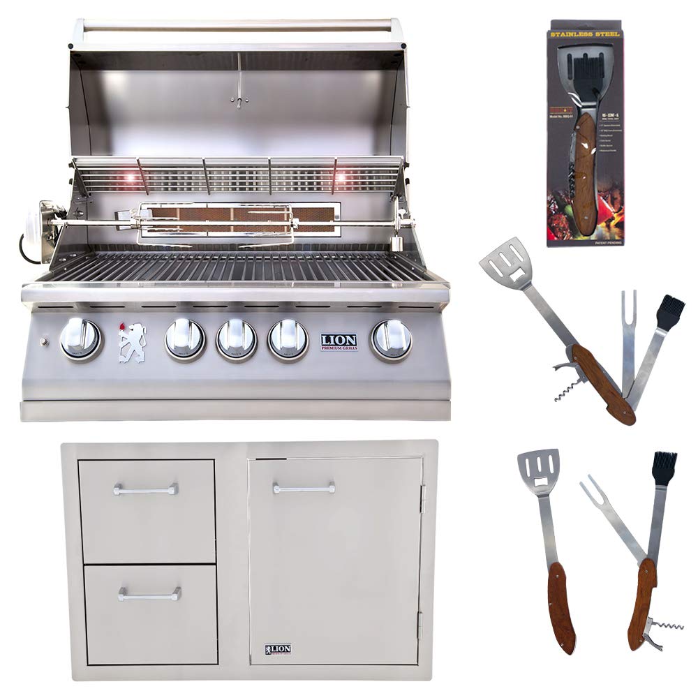 32-Inch Propane Grill L75000 and Door and Drawer Combo with Towel Rack with 5 in 1 BBQ Tool Set Package Deal by Lion Premium Grills – Stainless Steel, Model 008966903786