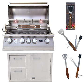 32-Inch Propane Grill L75000 and Door and Drawer Combo with Towel Rack with 5 in 1 BBQ Tool Set Package Deal by Lion Premium Grills – Stainless Steel, Model 008966903786