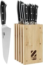 DASH Zakarian by DASH 11-Piece German Steel Kitchen Knife Set with 7" Chef, 5" Santoku, 5" Serrated Utility, 3.5" Paring, 6 Steak Knives and Magnetic Bamboo Knife Block, Black