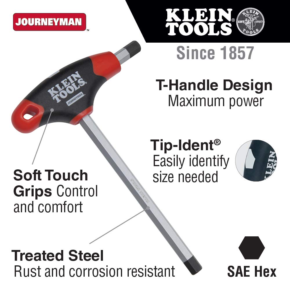 1/4-Inch Hex Key with Journeyman T-Handle by KLEIN TOOLS – 1 Count (Pack of 1), Alloy Steel, Model JTH4E13