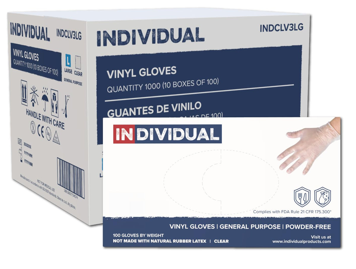 INDIVIDUAL Clear Vinyl Gloves – Large, 3 Mil, Powder Free and Latex Free | 1,000/Case