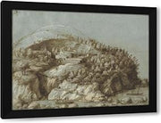 Gherardo Cibo 24x19 Black Modern Framed Art Print Titled: Hilly Landscape with Ships (C. 1570)