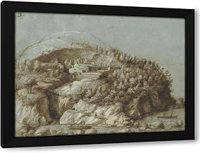 Gherardo Cibo 24x19 Black Modern Framed Art Print Titled: Hilly Landscape with Ships (C. 1570)