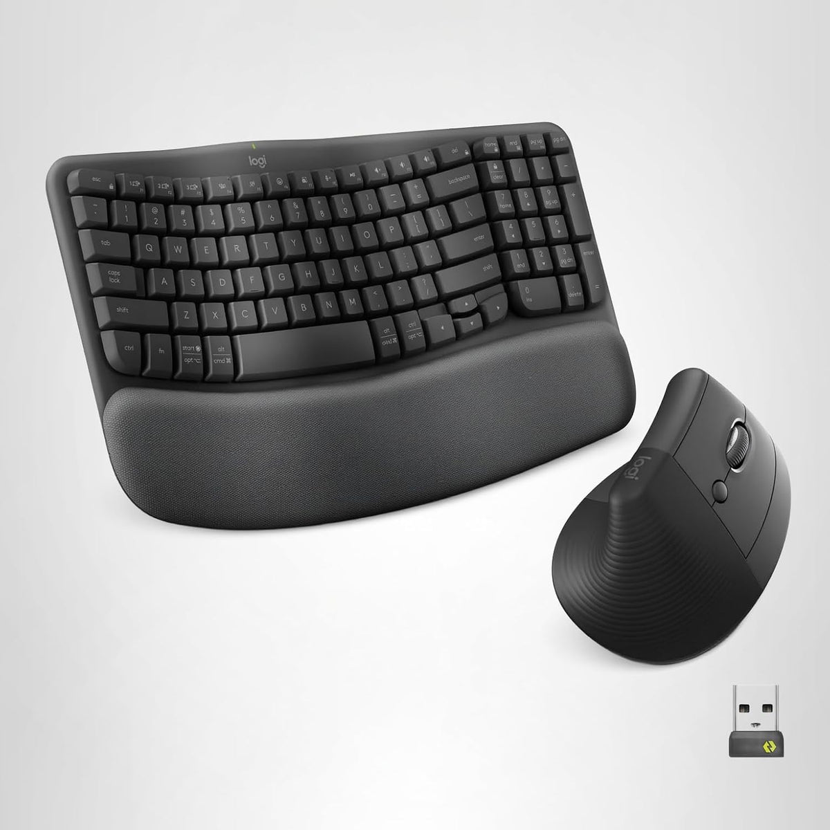 Wave Keys & Lift Vertical Mouse - Ergonomic Wireless Keyboard and Mouse Combo - with Cushioned Palm Rest by Logitech – One Size, Graphite, Model 920-013610